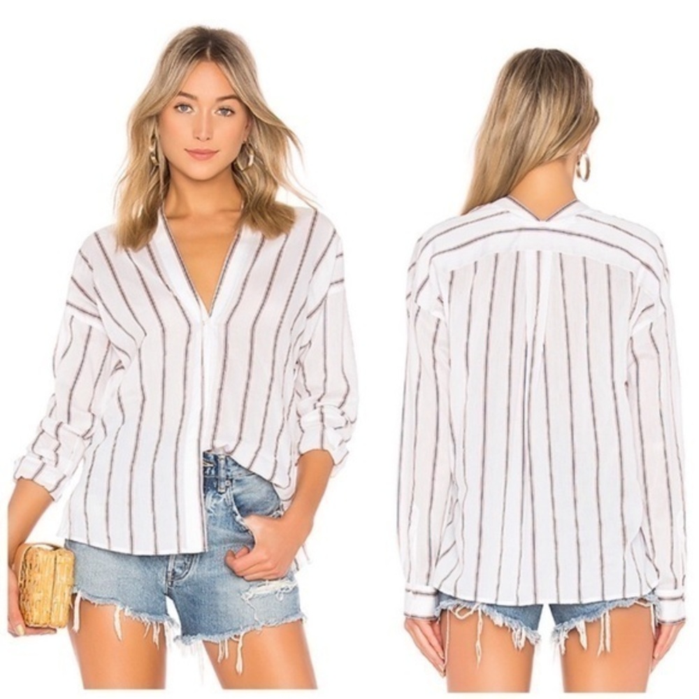 Vince Blouse Textured Striped Button Down in White